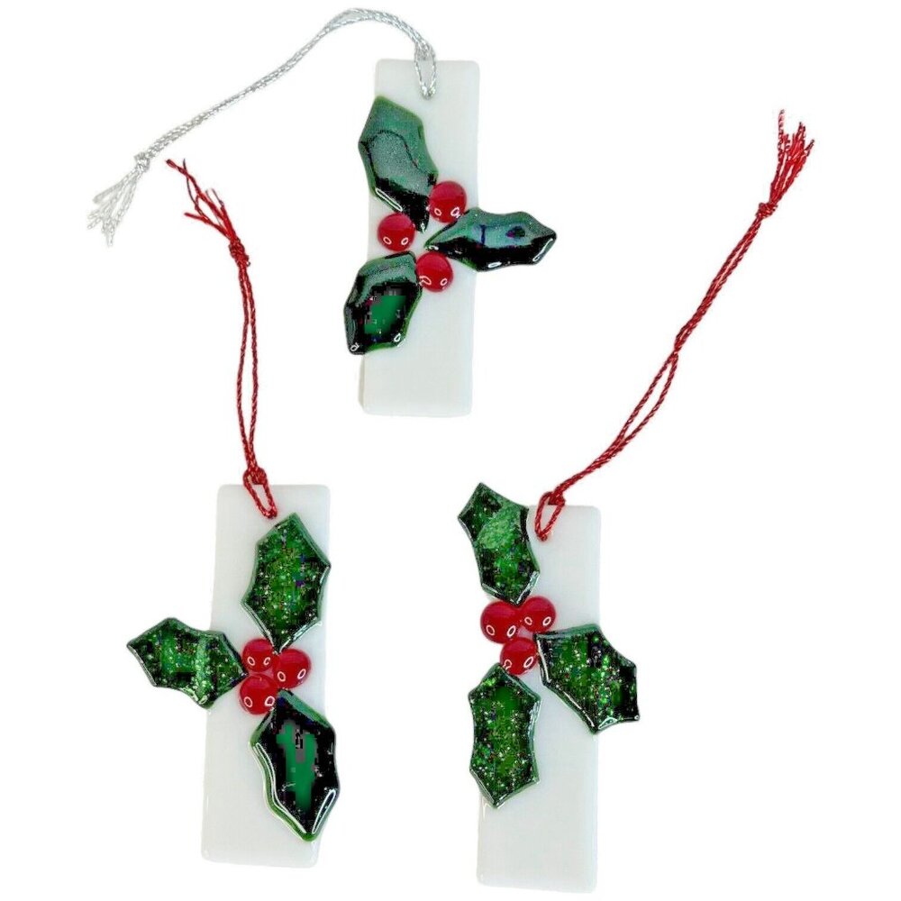 4 Fused Stained‎ Glass Holly Berry Christmas Ornaments Set Red Green White